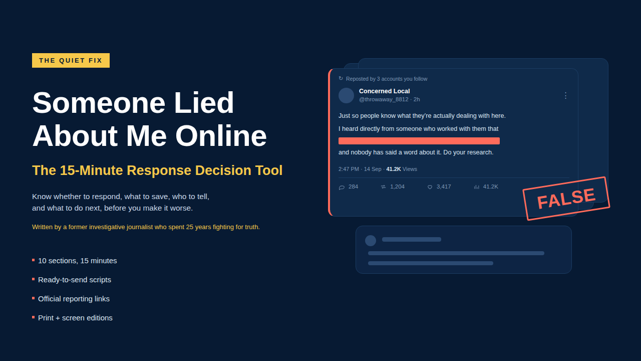 Cover of Someone Lied About Me Online, The 15-Minute Response Decision Tool, showing a false social media post stamped FALSE.